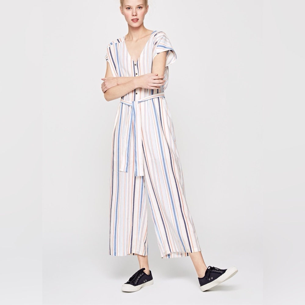 Pepe Jeans Querina Linen Blend Striped Wide Leg Jumpsuit XS Boho Coastal Summer - Picture 13 of 13